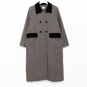 Double-Breasted Houndstooth Plaid Velvet Trim Long Coat Women’s Size Medium